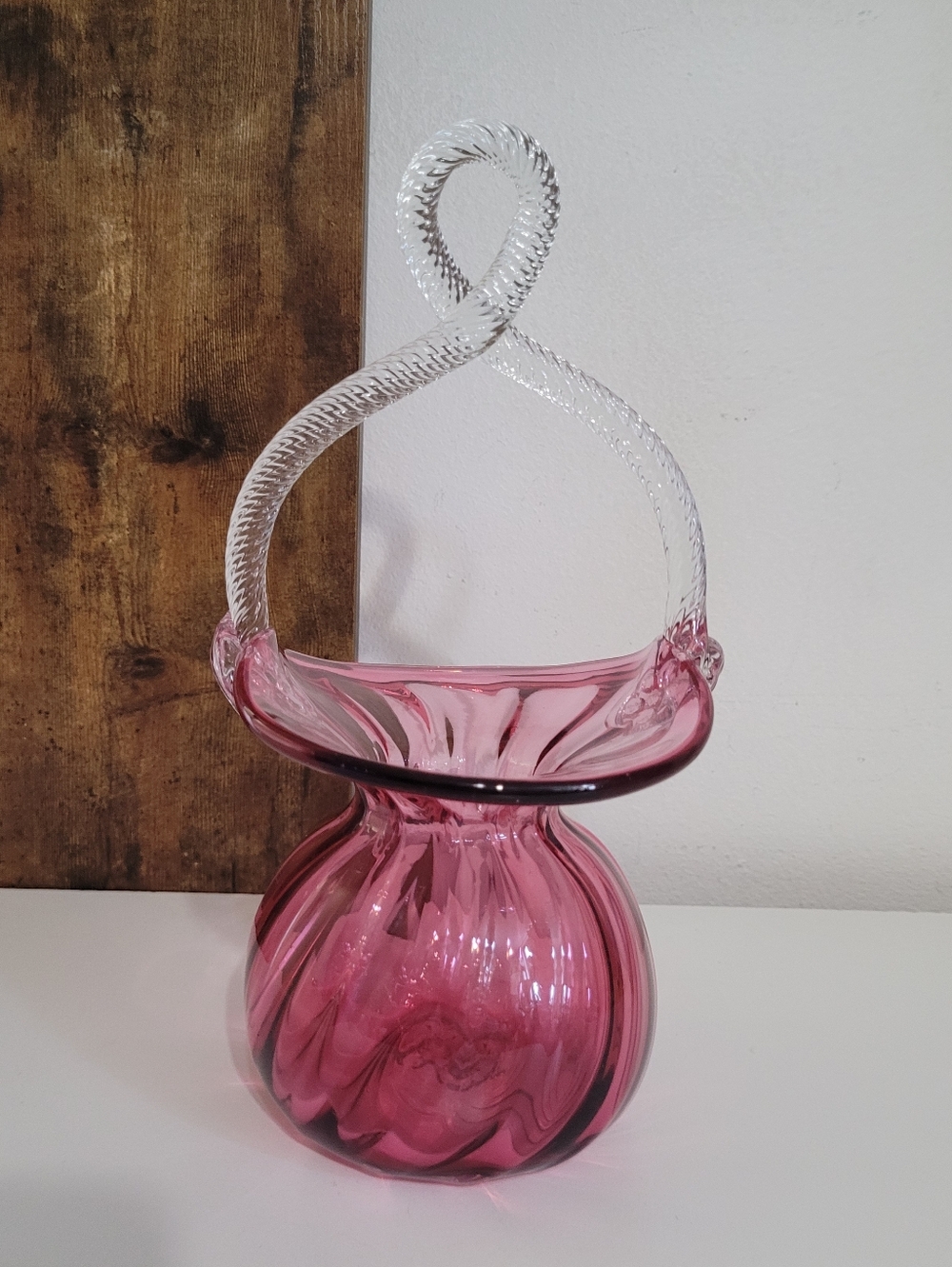 Vintage Angelo Rossi Cranberry Art Glass Basket With Loop Handle